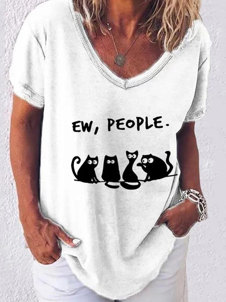 Cartoon Cat Printed Short Sleeve V-neck T-shirt For Women