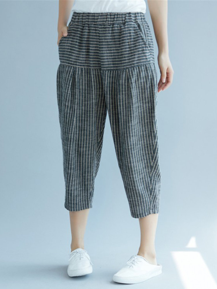 Elastic Waist Stripe Casual Harem Pants With Pockets