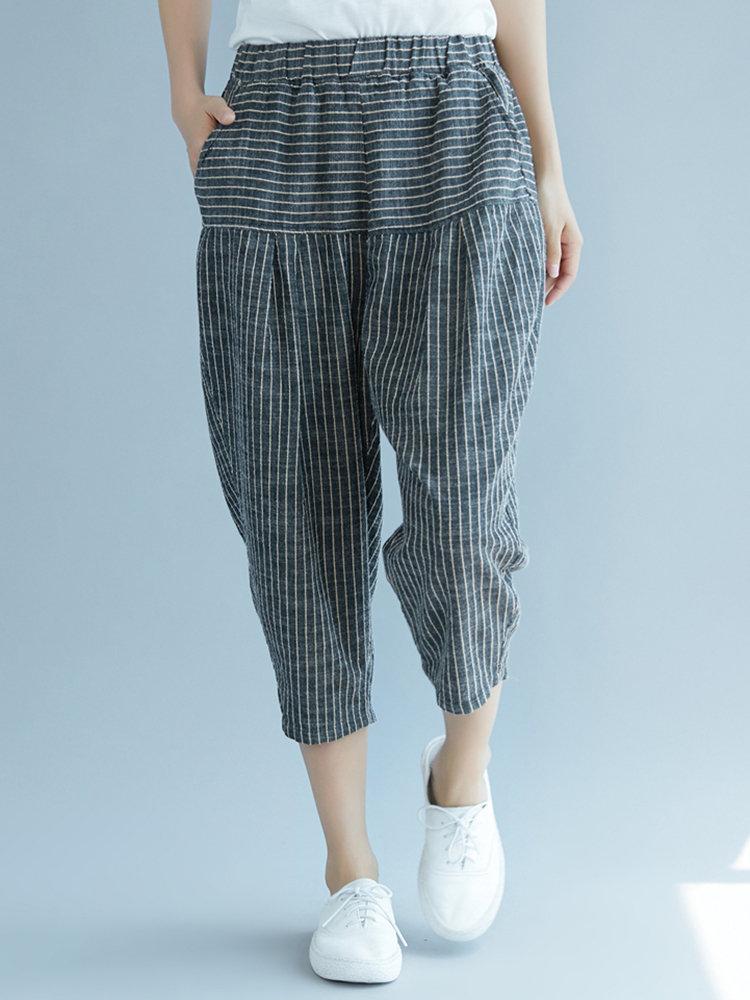 Elastic Waist Stripe Casual Harem Pants With Pockets