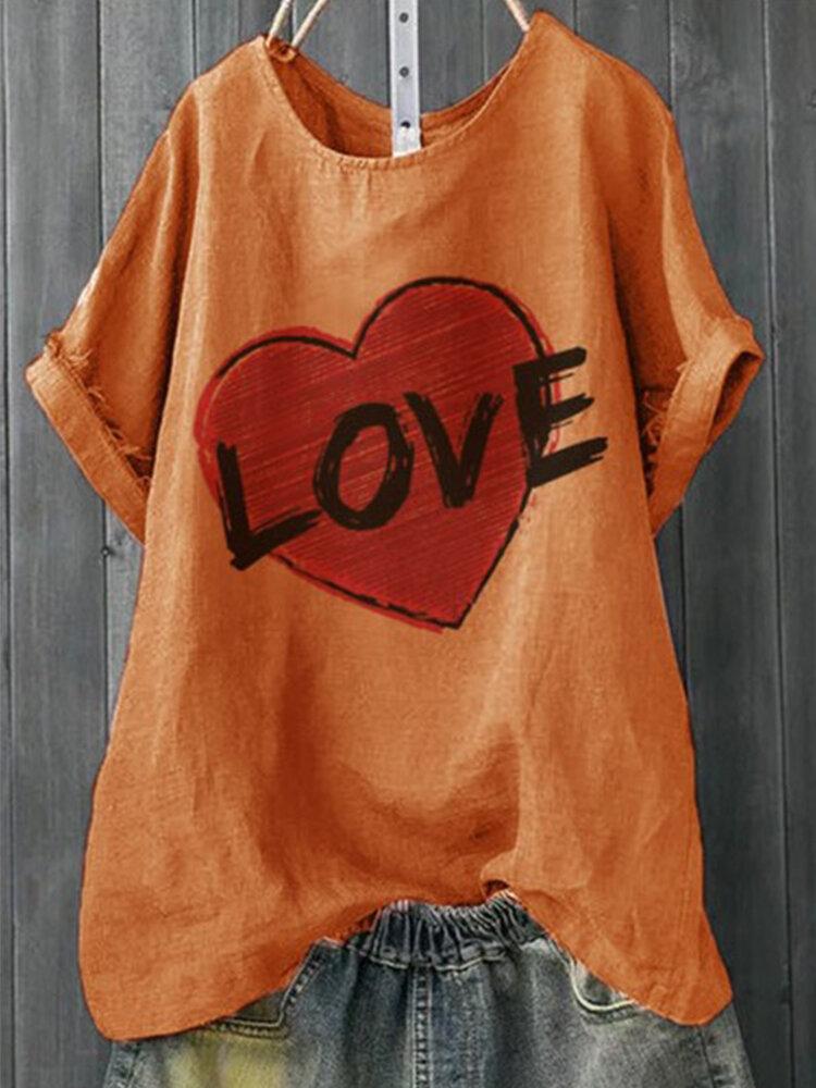 Heart Letter Print Short Sleeve O-neck T-shirt For Women