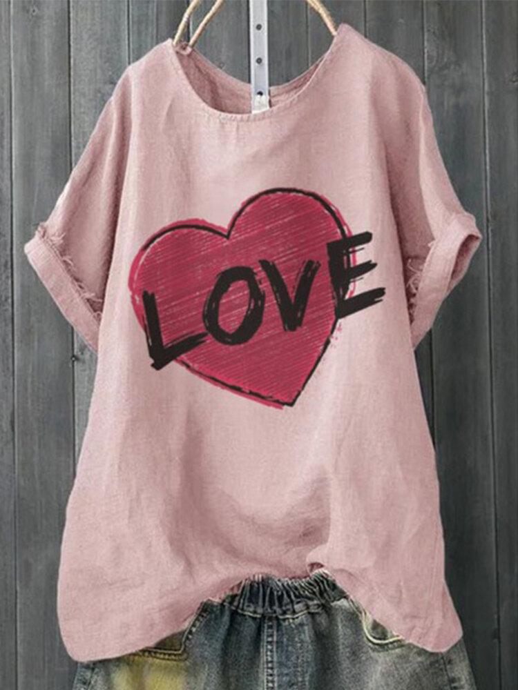 Heart Letter Print Short Sleeve O-neck T-shirt For Women