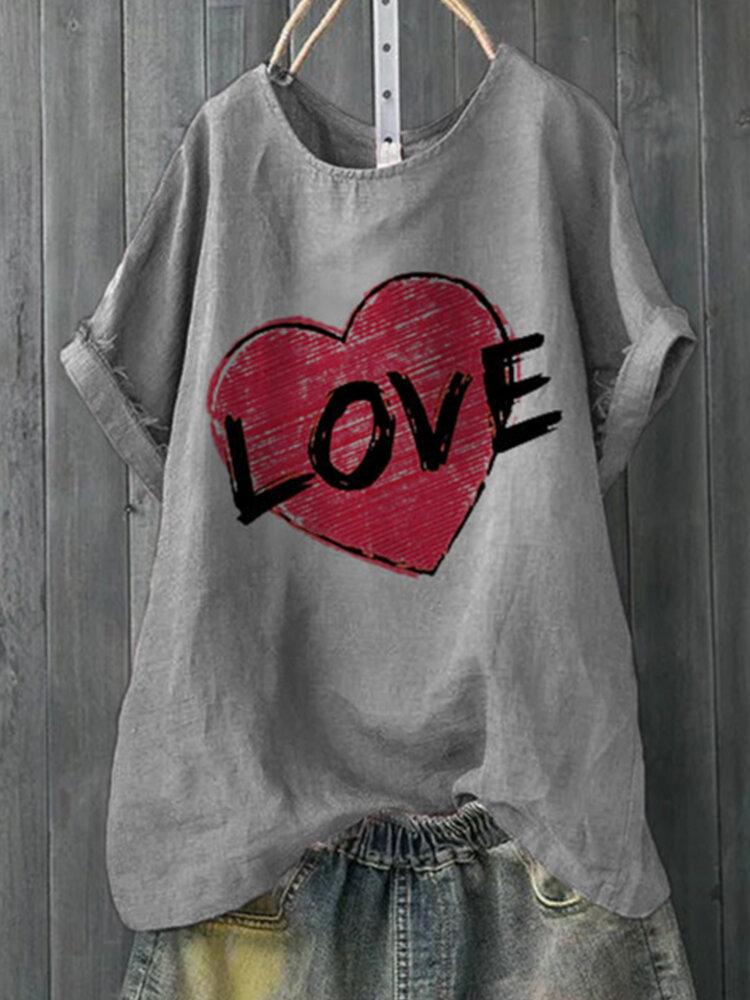 Heart Letter Print Short Sleeve O-neck T-shirt For Women