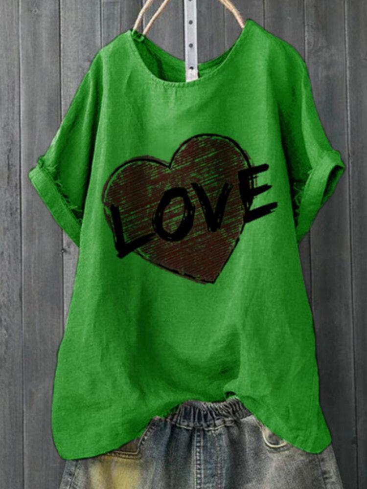 Heart Letter Print Short Sleeve O-neck T-shirt For Women