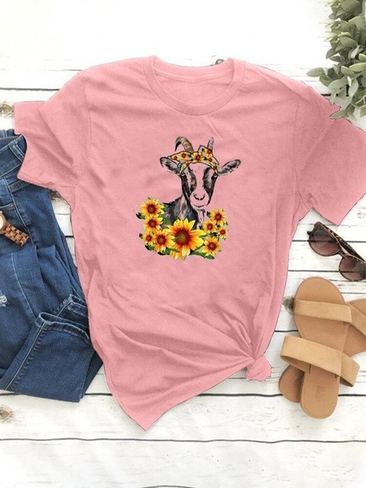 Animal Floral Printed O-Neck Short Sleeve T-shirt