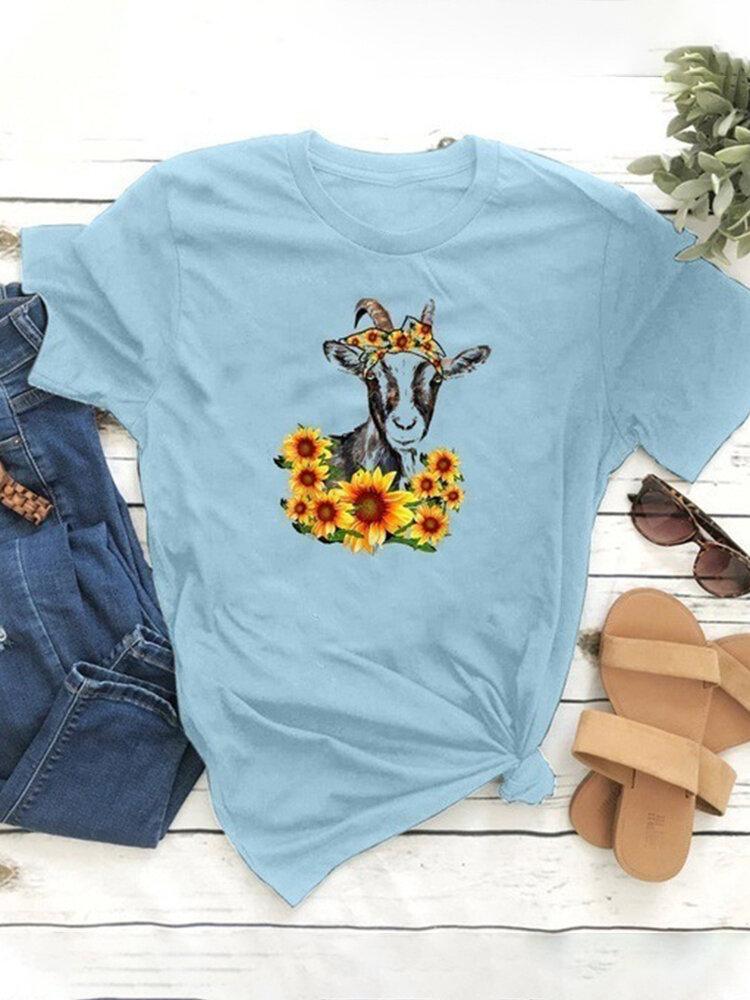 Animal Floral Printed O-Neck Short Sleeve T-shirt