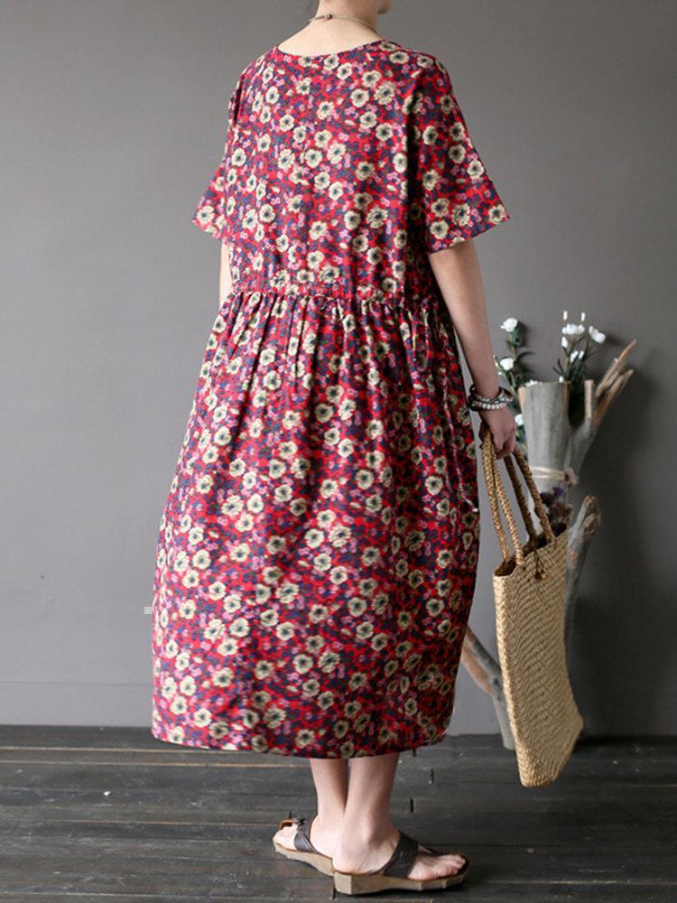 Vintage Casual Women Short Sleeve Floral Print Dresses