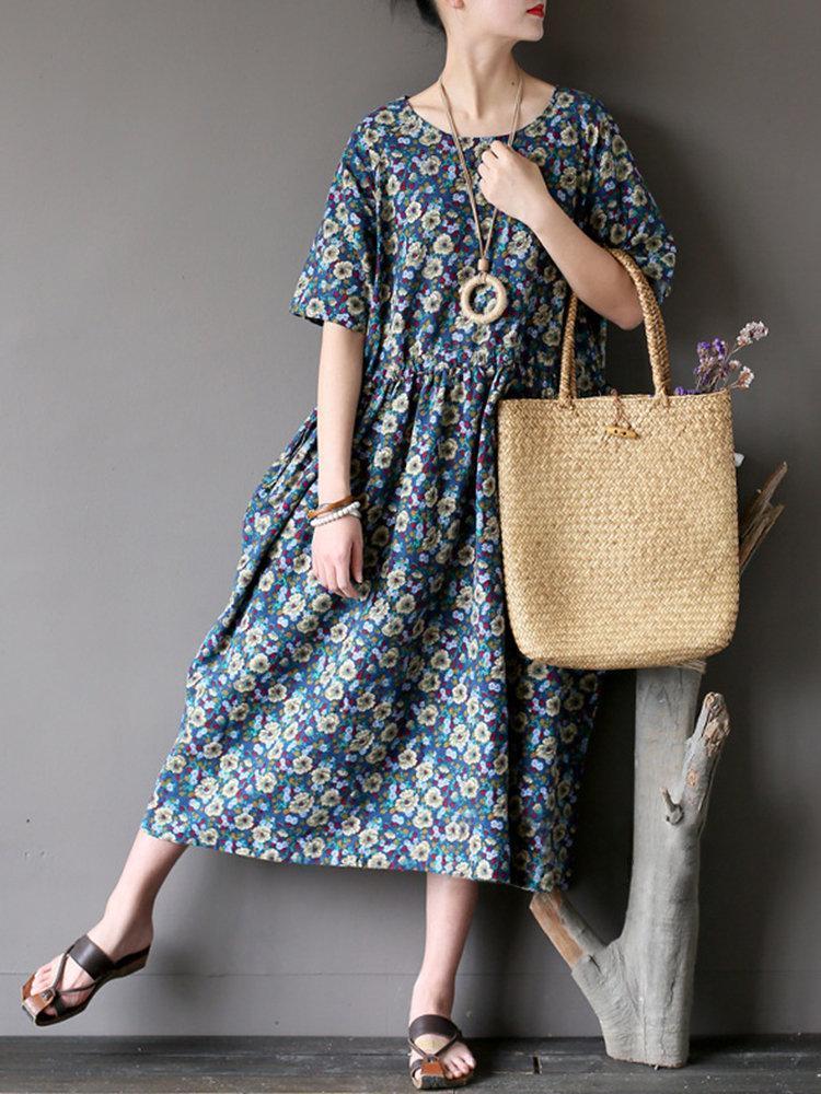 Vintage Casual Women Short Sleeve Floral Print Dresses