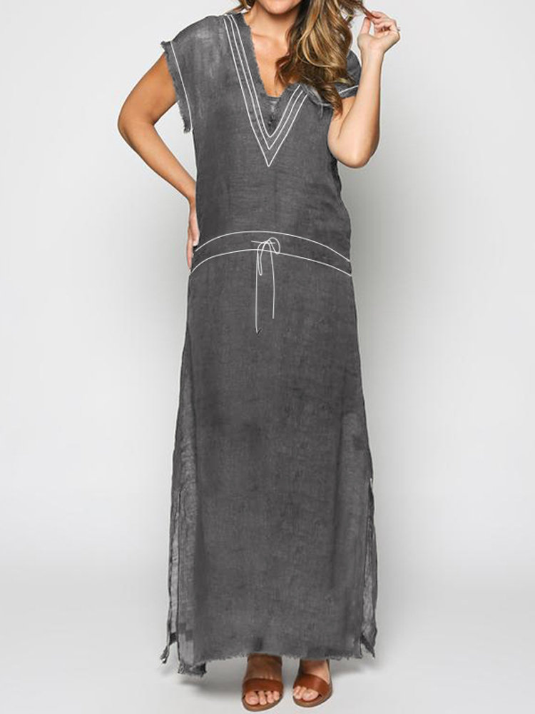 Vintage V Neck Short Sleeve Side Slit Maxi Dress