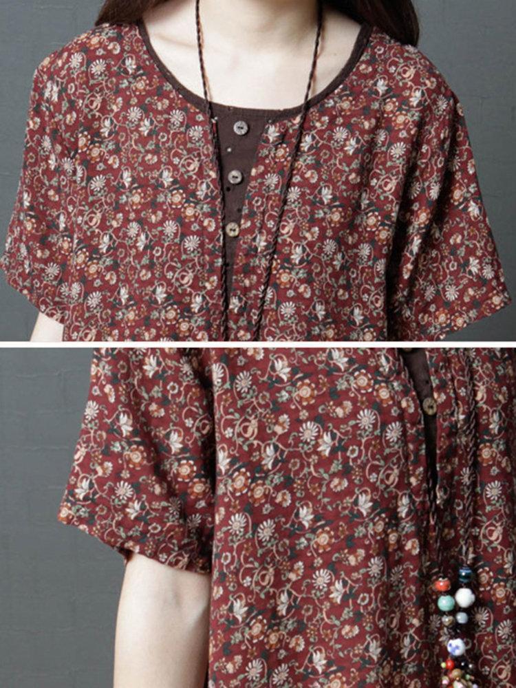 Patchwork Floral Print Button Short Sleeve Vintage Dresses