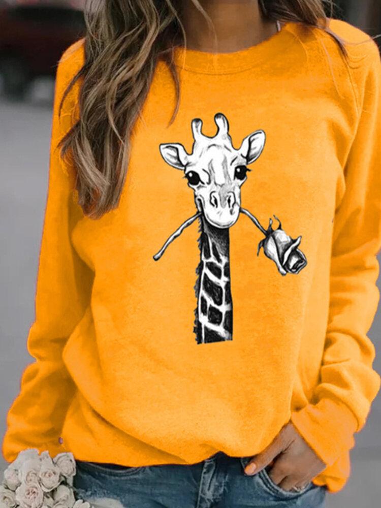 Giraffe Cartoon Print O-neck Casual Long Sleeve Women T-Shirt