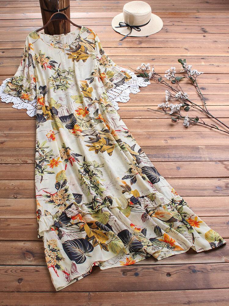 Patchwork Floral Print Short Sleeve Vintage Dress