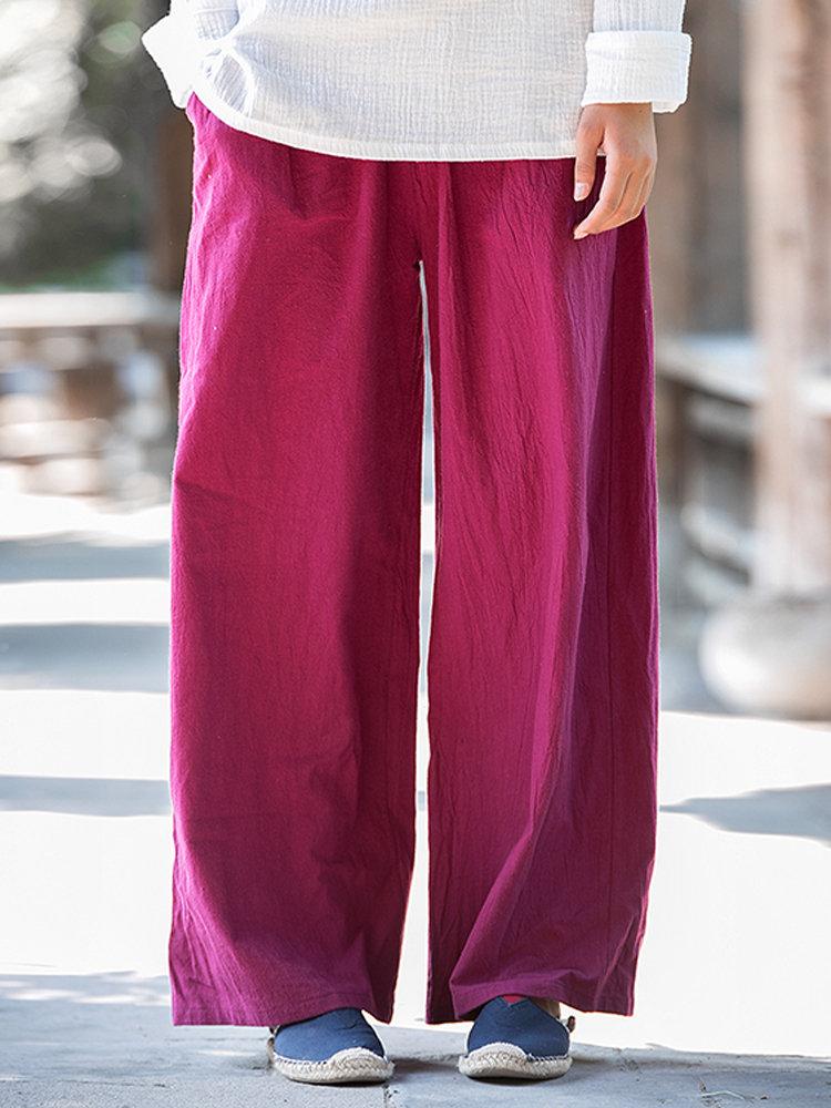 Vintage Women Elastic Waist Pure Color Wide Leg Casual Pants