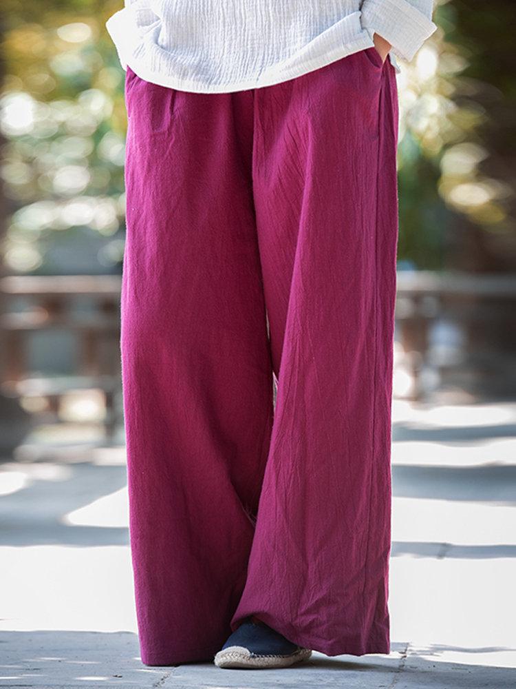 Vintage Women Elastic Waist Pure Color Wide Leg Casual Pants