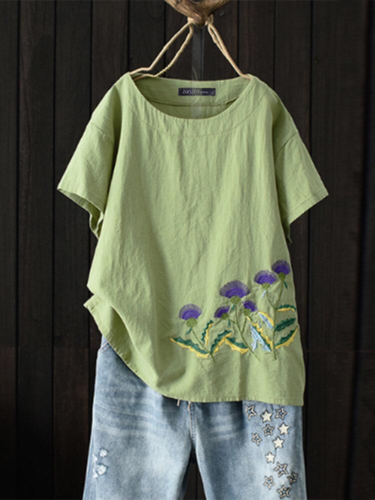 Women Embroidery Short Sleeve Crew Neck Causal T-Shirt