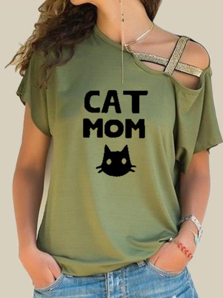 Cat Letter Print Cold Shoulder Short Sleeve T-shirt For Women