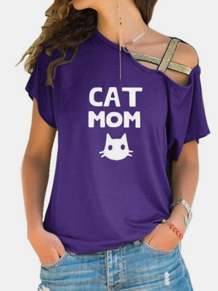 Cat Letter Print Cold Shoulder Short Sleeve T-shirt For Women