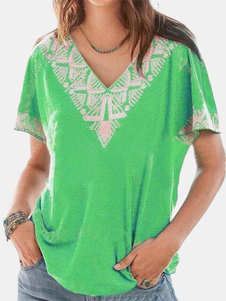 Vintage Printed V-neck Short Sleeve Casual T-shirt For Women