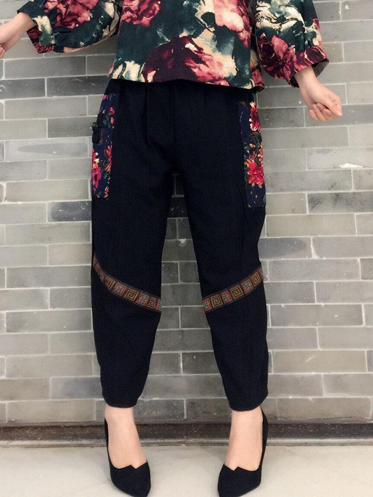 Folk Style Floral Print Patchwork Elastic Waist Vintage Pants