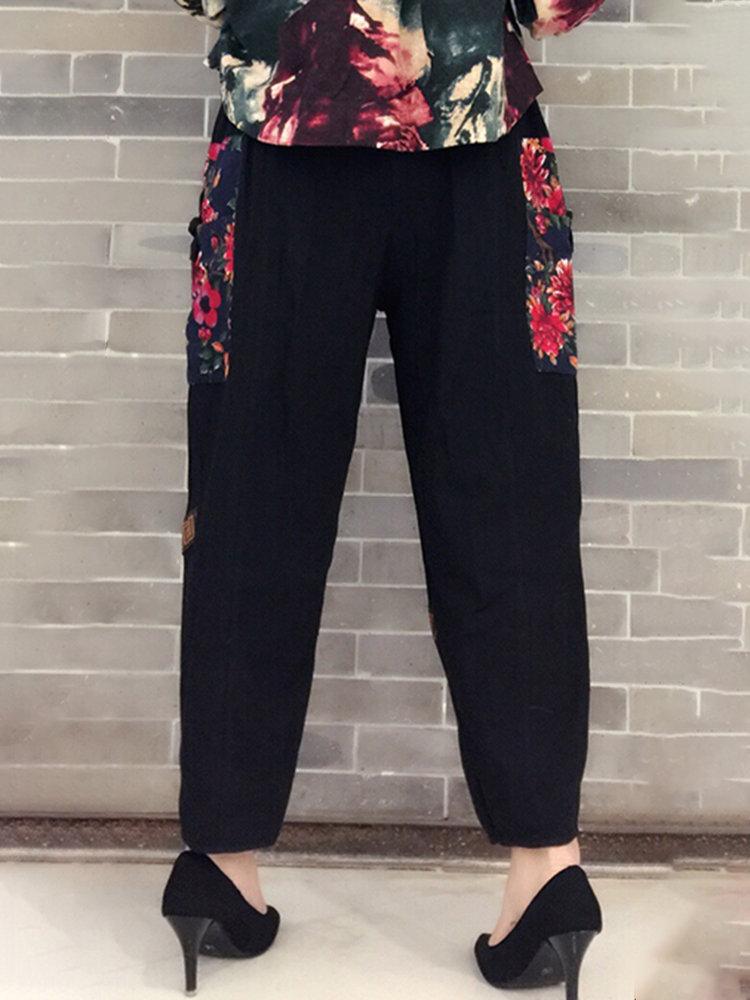 Folk Style Floral Print Patchwork Elastic Waist Vintage Pants