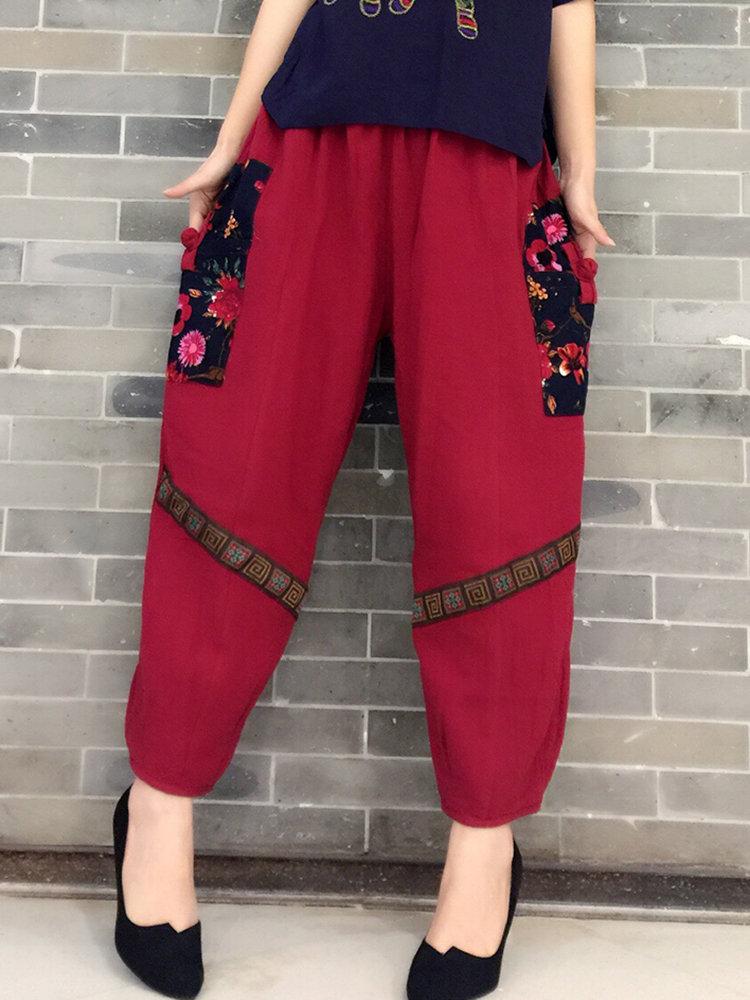 Folk Style Floral Print Patchwork Elastic Waist Vintage Pants