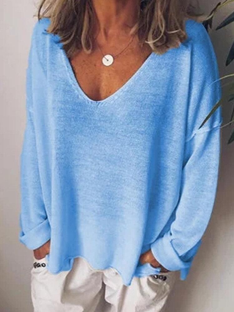 Casual V-Neck Solid Long Sleeve Shirt & Top