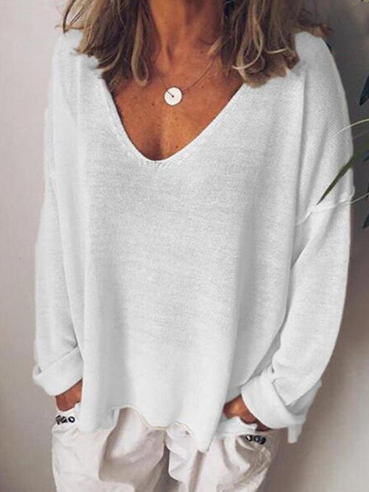 Casual V-Neck Solid Long Sleeve Shirt & Top