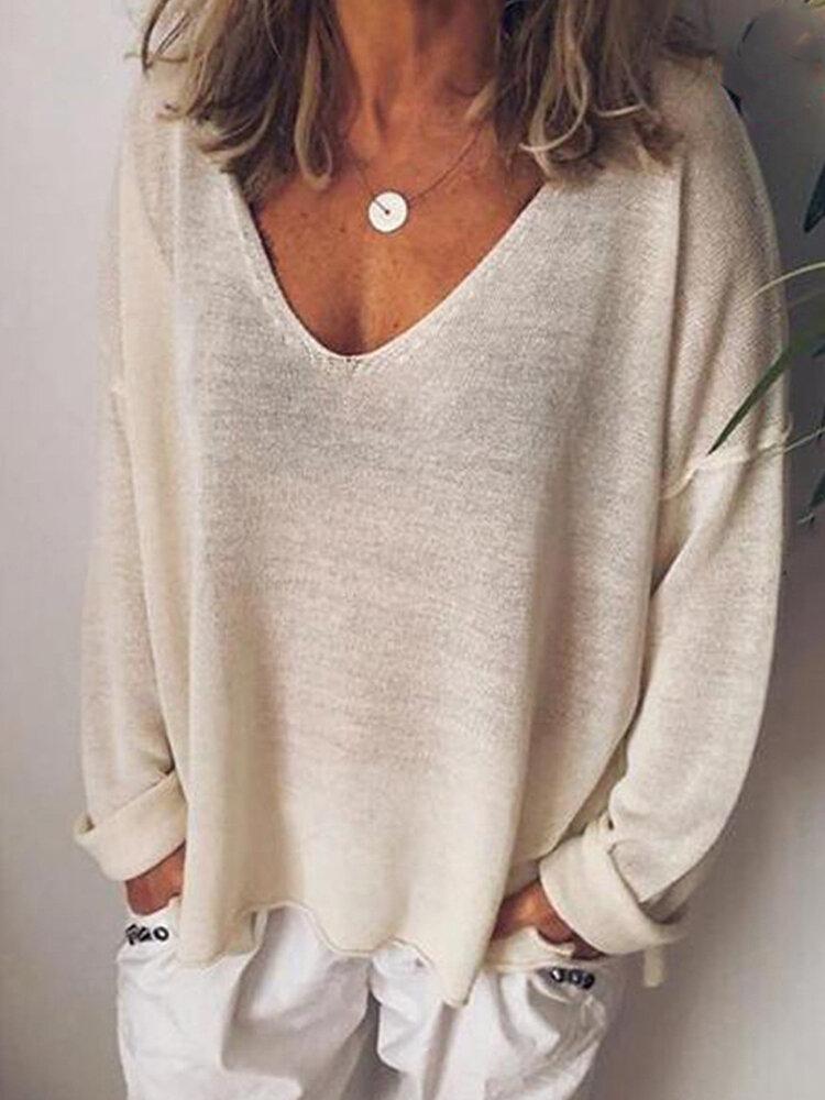 Casual V-Neck Solid Long Sleeve Shirt & Top