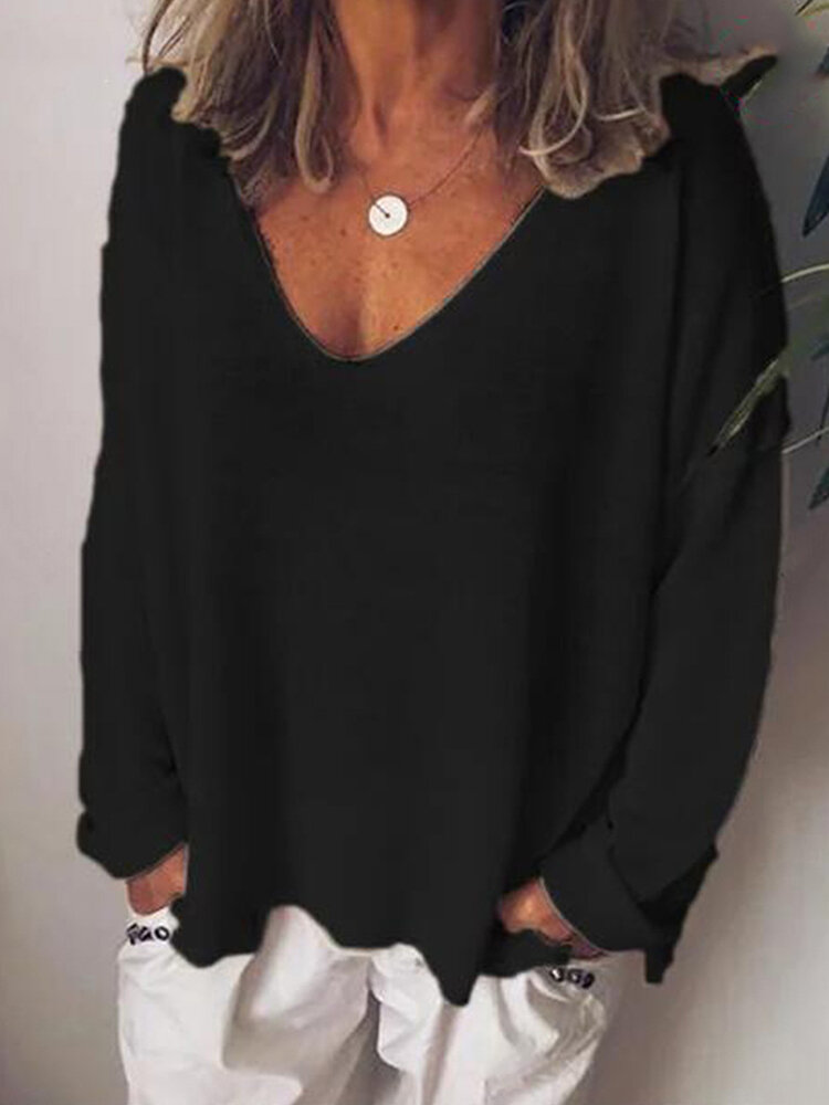 Casual V-Neck Solid Long Sleeve Shirt & Top