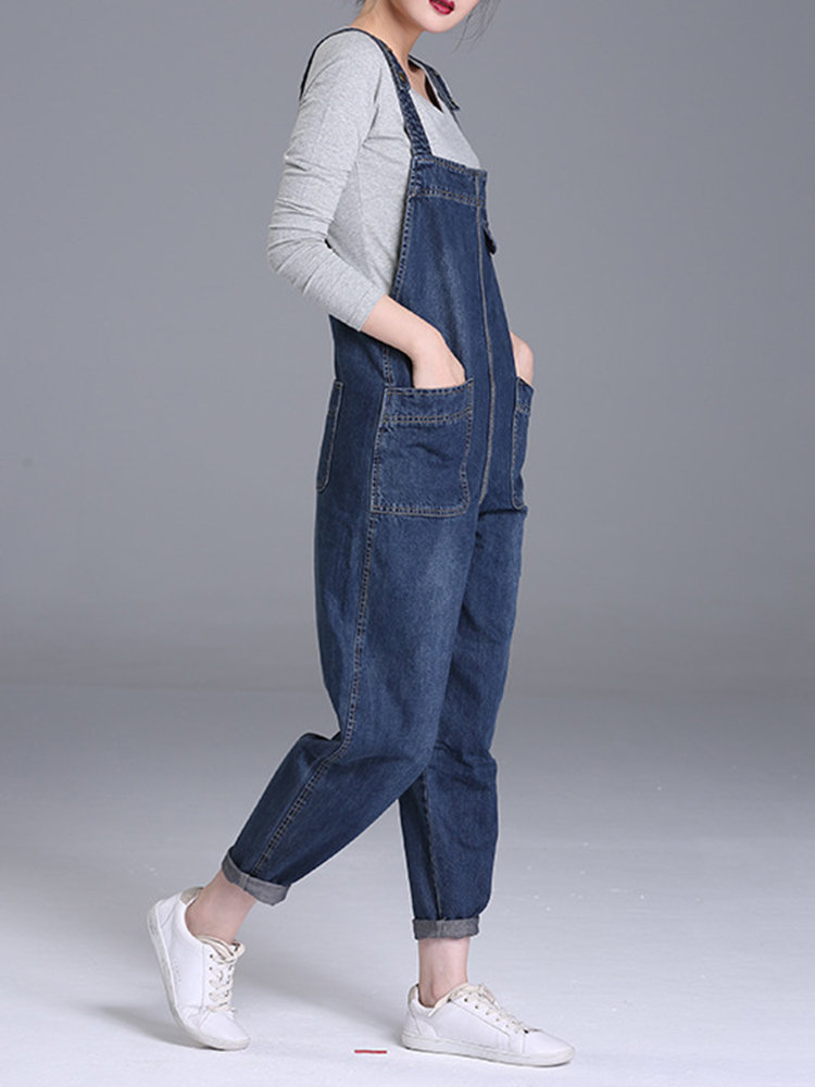 Casual Denim Pockets Rompers For Women