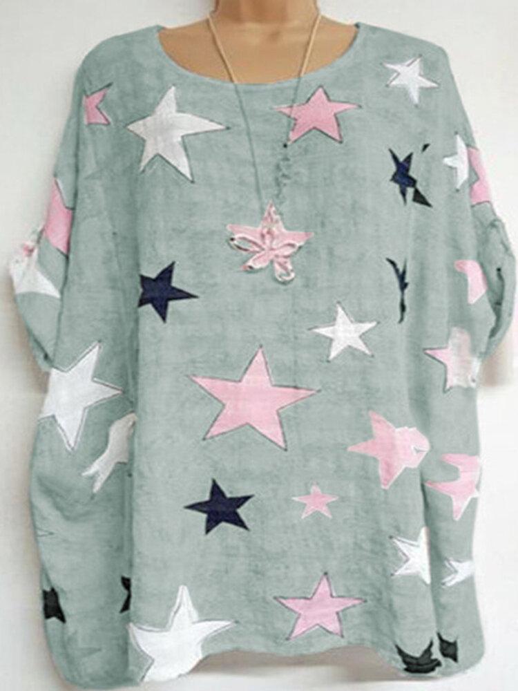 Star-shaped Printed Short Sleeve O-neck T-Shirt For Women