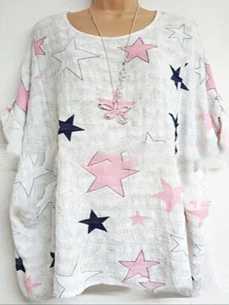 Star-shaped Printed Short Sleeve O-neck T-Shirt For Women