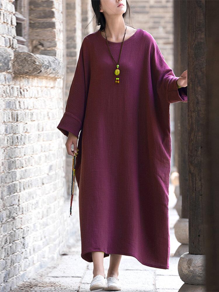 Women Vintage Batwing Sleeve Pure Color Maxi Dresses