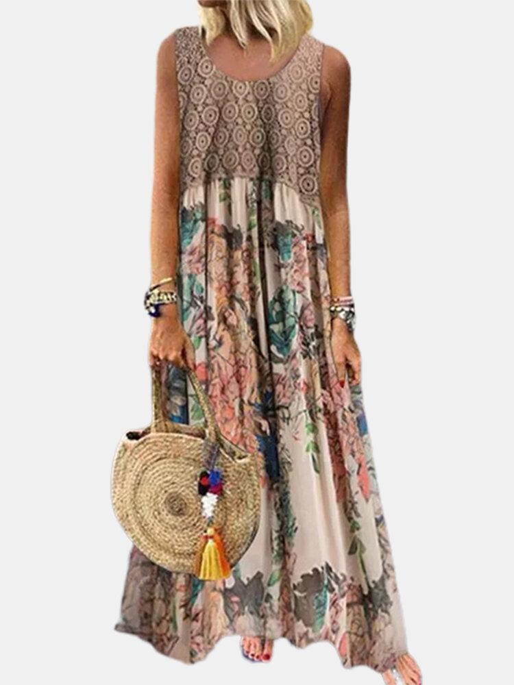 Vintage Floral Printed O-neck Sleeveless Maxi Dress