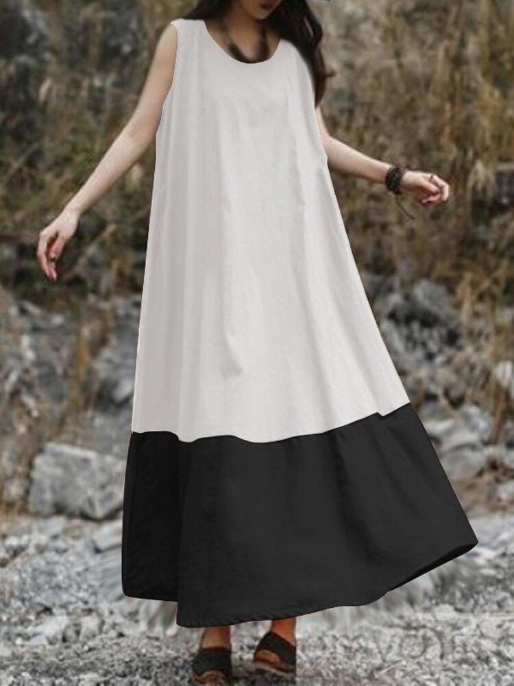 Vintage Solid Color Block Sleeveless Maxi Dress