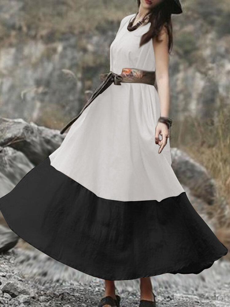 Vintage Solid Color Block Sleeveless Maxi Dress