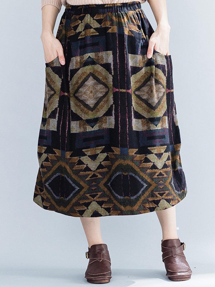 Geometric Print Folk Style Elastic Waist Skirt