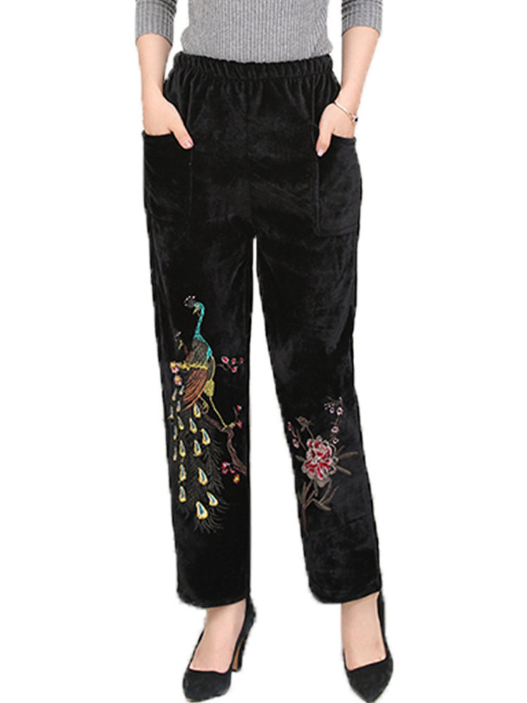 Velvet Embroidered Elastic Waist Trousers