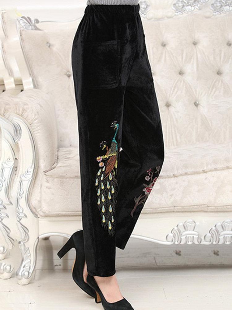 Velvet Embroidered Elastic Waist Trousers