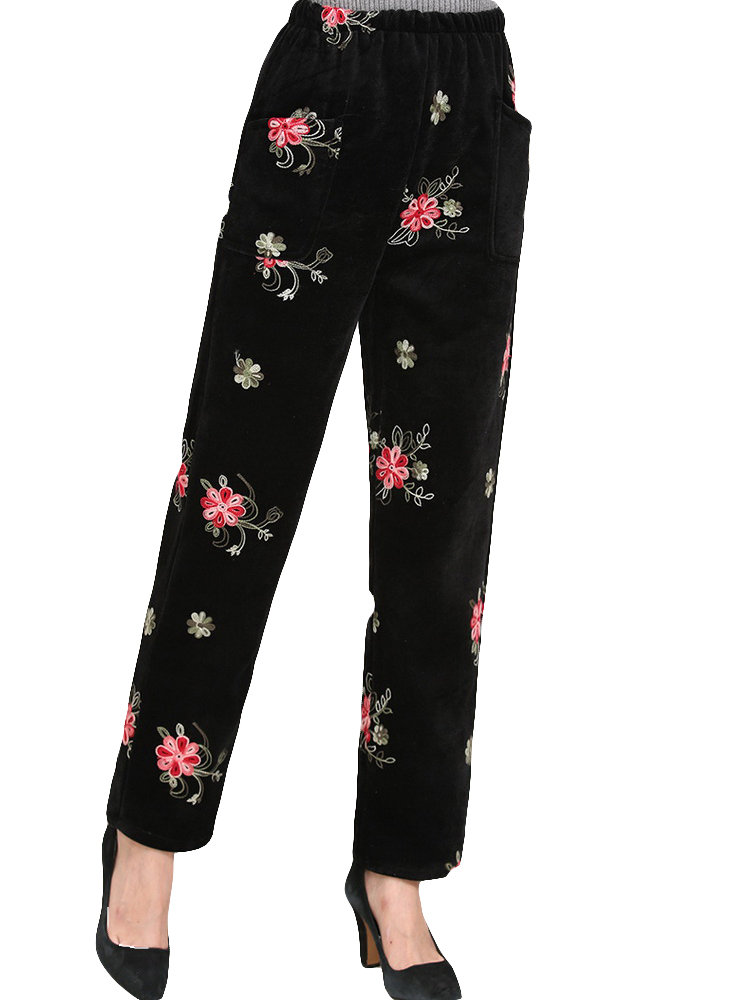 Velvet Embroidered Elastic Waist Trousers