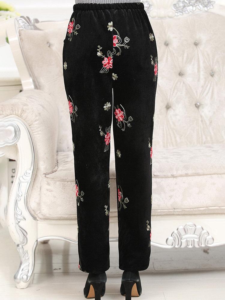 Velvet Embroidered Elastic Waist Trousers