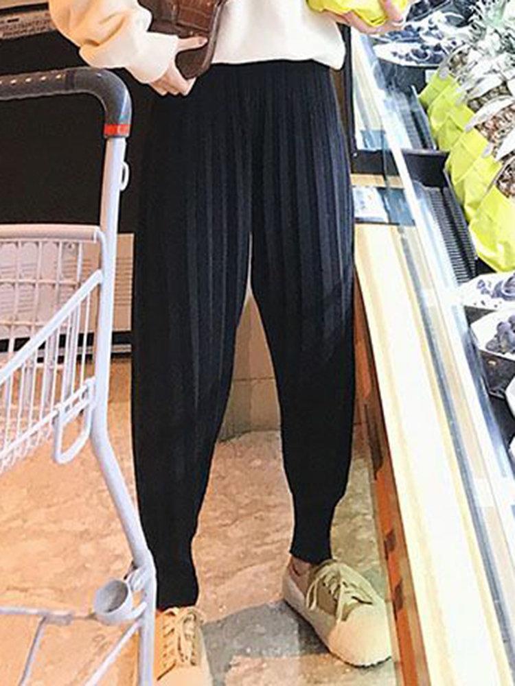 Women Elegant Knit Pleated Solid Color Elastic Waist Harem Pants