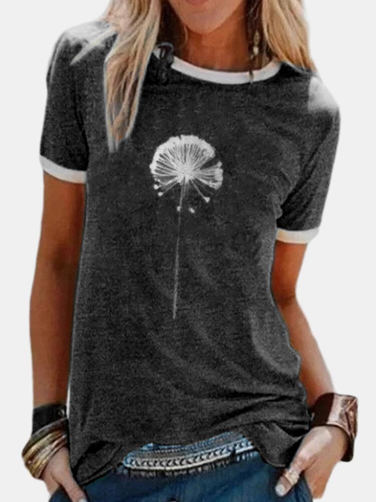 Flower Printed Short Sleeve O-neck Casual T-shirt For Women