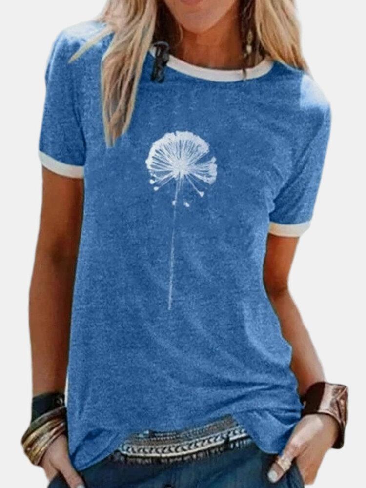 Flower Printed Short Sleeve O-neck Casual T-shirt For Women