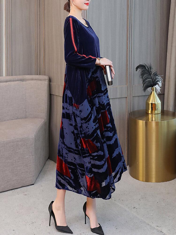 Print Patchwork Velvet Long Sleeve Vintage Dresses