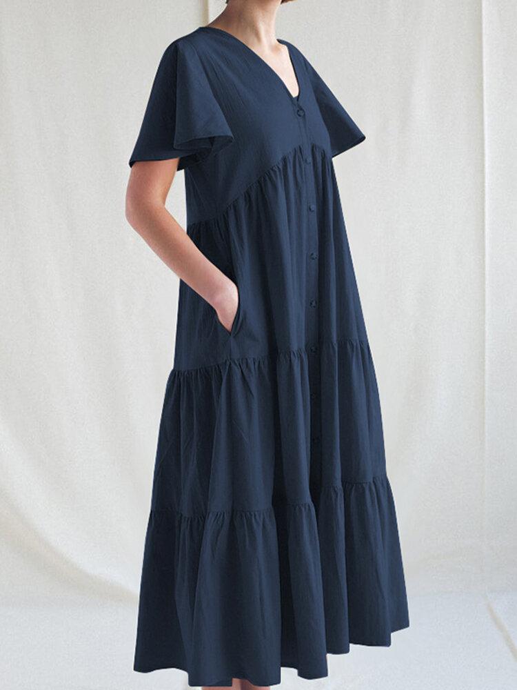 Solid Color V-neck Side Pockets Short Sleeve Pleated Midi Dress