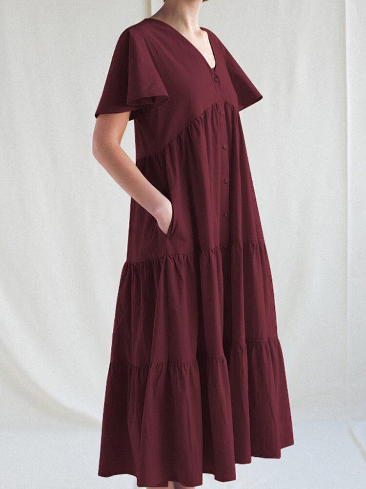 Solid Color V-neck Side Pockets Short Sleeve Pleated Midi Dress