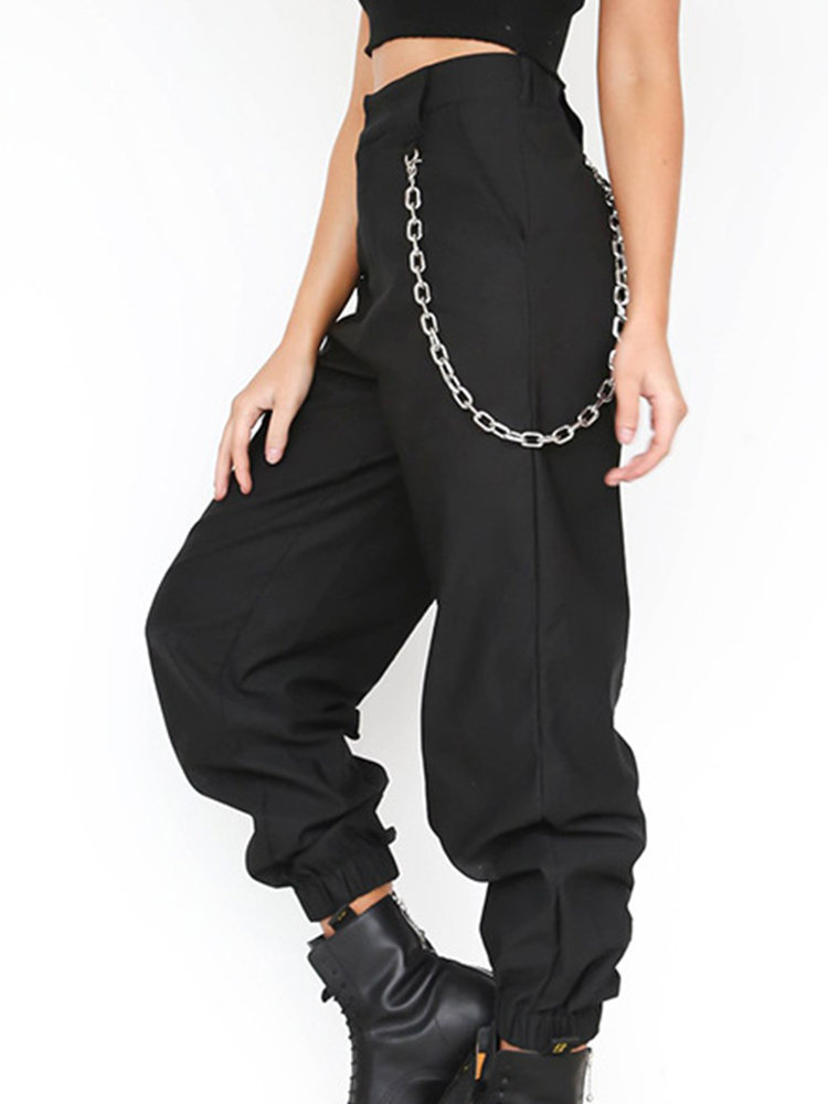 Casual Pure Color High Waist Women Pants With Chain