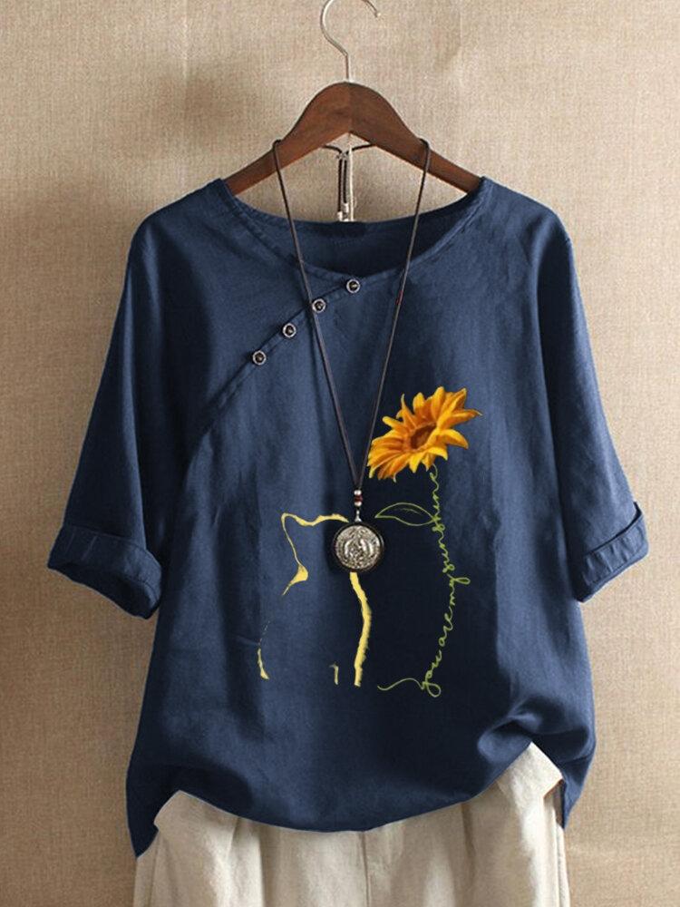 Cat Floral Printed Button O-Neck Short Sleeve T-shirt