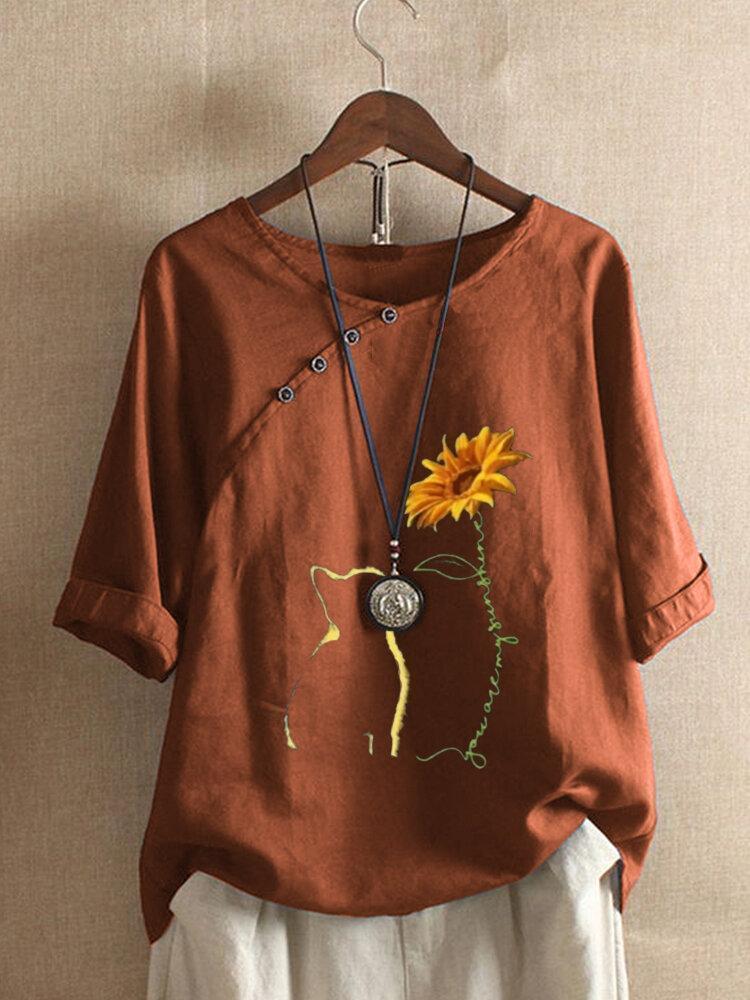 Cat Floral Printed Button O-Neck Short Sleeve T-shirt