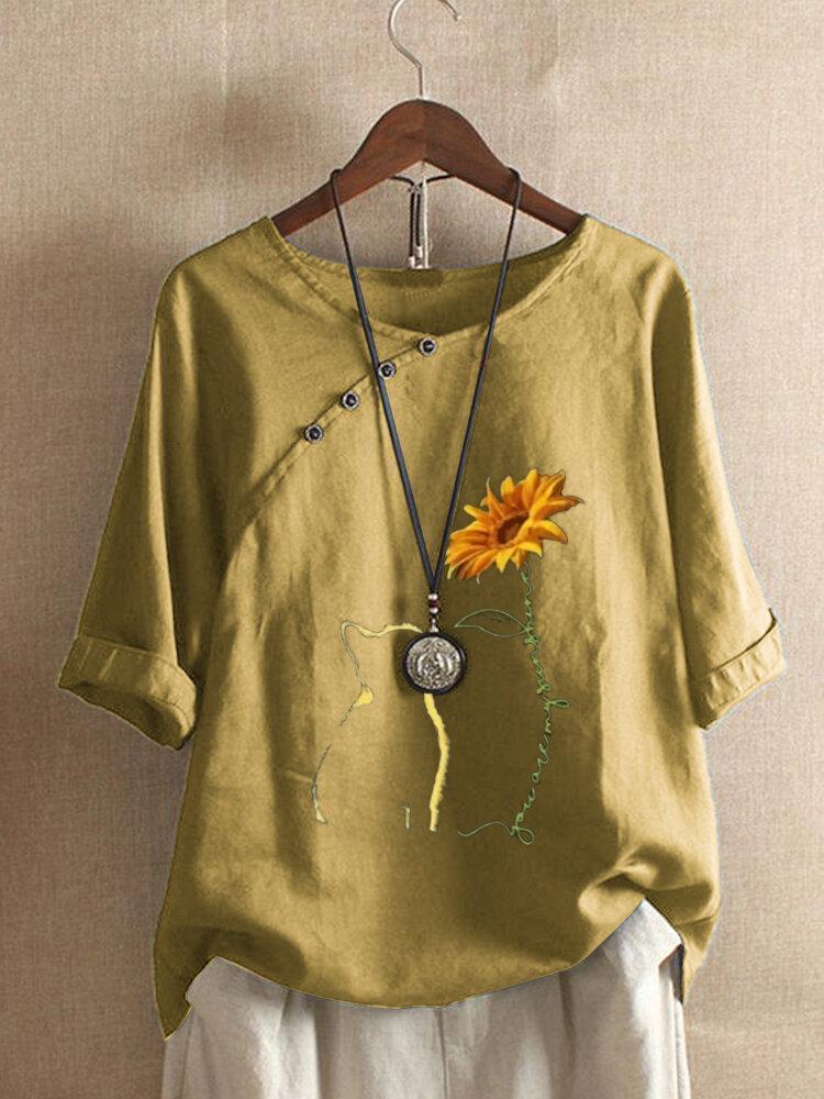 Cat Floral Printed Button O-Neck Short Sleeve T-shirt